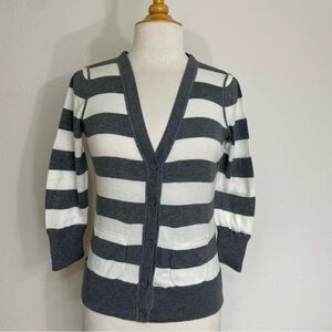 Ann Taylor LOFT Gray White Stripe V Neck Button Down Cardigan Size Small Classic